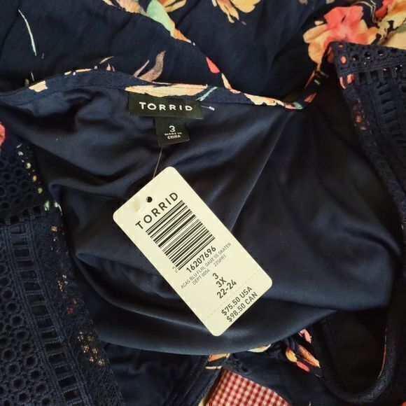 Torrid Navy Gauze Short Sleeve Skater Dress with Lace Collar Detail and Pockets - Picture 8 of 10